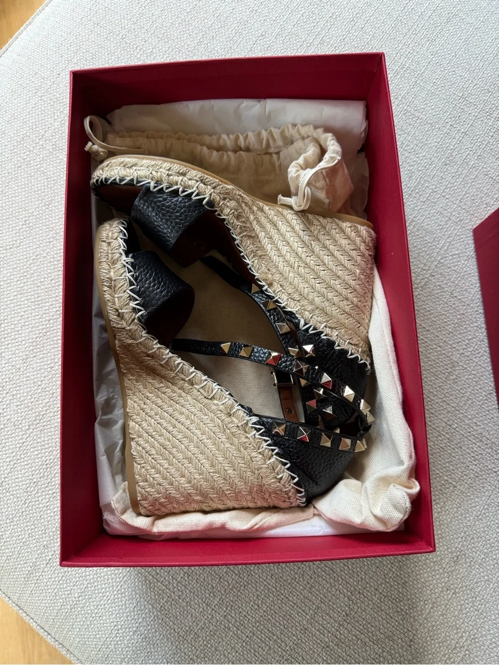 Valentino Black Leather Espadrille Wedge Sandals with Gold Studs